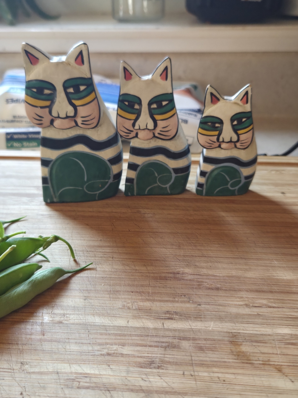 Handcrafted Wood Cat Figurine Trio